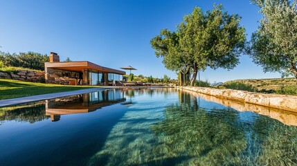 Obraz premium Idyllic holiday home, pool reflecting clear skies, minimalist design blending with the natural landscape, vibrant natural light 