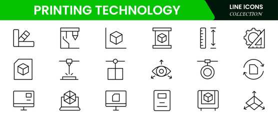 3d printing Technology line icons collection. Thin outline icons pack. UI icon collection. Set of line web pictogram