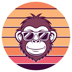 Cartoon Ape Wearing Sunglasses on Retro Sunset Background