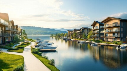 Obraz premium Idyllic summer view, sandy park meeting Lake Pend Oreille, waterfront condominiums with marinas full of boats, vibrant greenery, calm water 