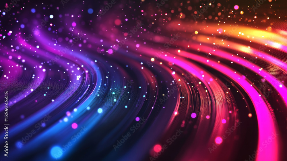 Poster attractive background template and shiny neon colored diagonal stripes and light sparkle particles. 