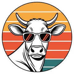 Cool Cow With Sunglasses Silhouette, Vintage Style Striped Circle, Farm Animal Head