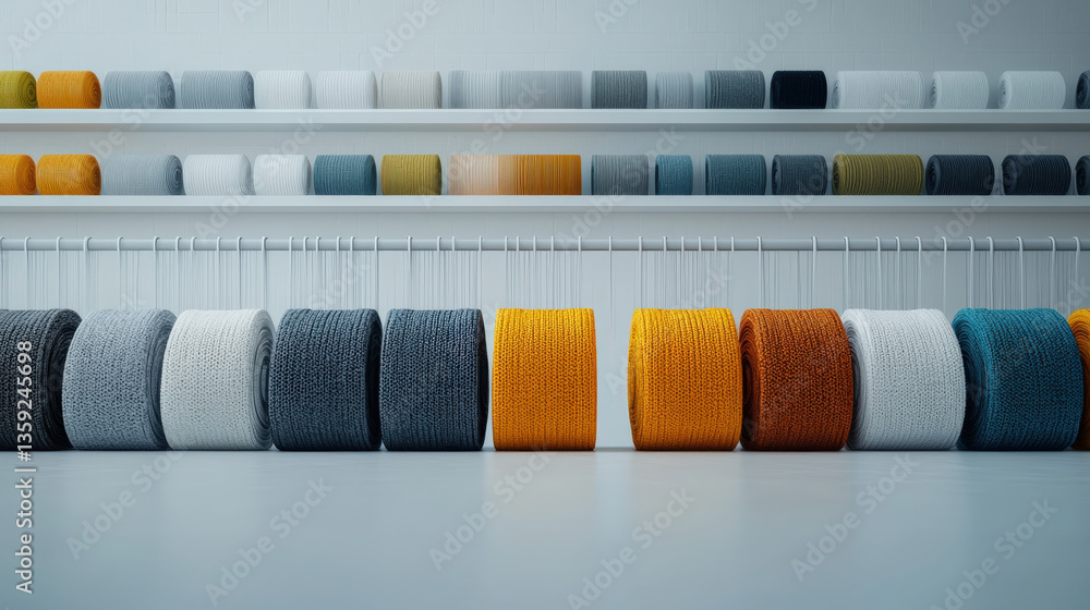 Poster row of colorful yarn rolls is neatly arranged on shelf in modern textile factory, showcasing variety
