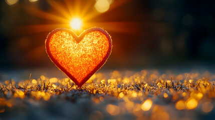 Fototapeta premium A heart-shaped decoration bathed in sunlight on grass A warm romantic glow adds to the beautiful ambiance
