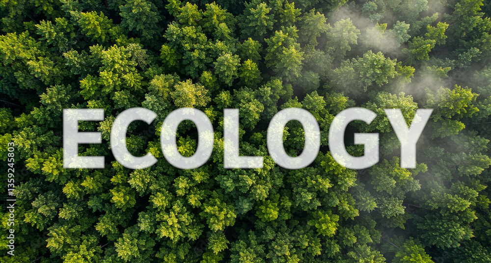 Poster ecology over green forest canopy aerial view with treetops and sunlight. forest background with dens