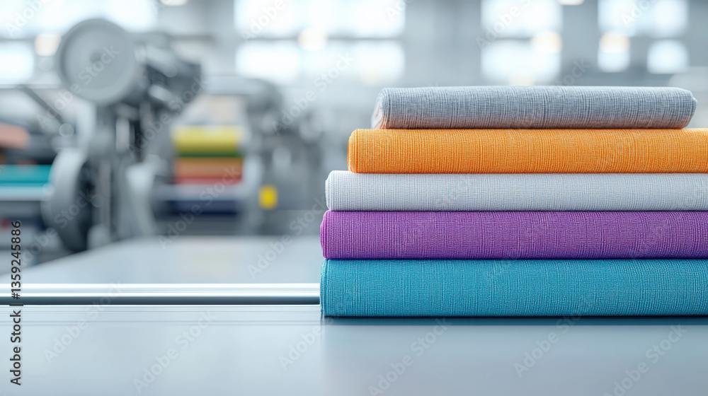 Aufkleber stack of colorful fabric rolls is neatly arranged on table in modern textile factory, with machinery blurred in background, creating vibrant and organized atmosphere