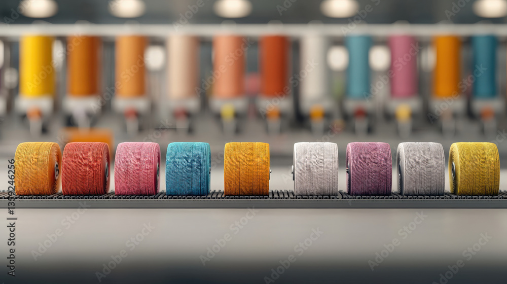 Poster row of colorful textile spools is neatly arranged on production line, showcasing variety of vibrant threads ready for use in automated manufacturing