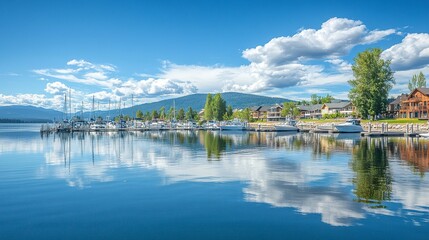 Fototapeta premium Lakeside charm, view from Sandpoint City Beach Park, Lake Pend Oreille reflecting boats and marinas, waterfront condos under a bright summer sky 