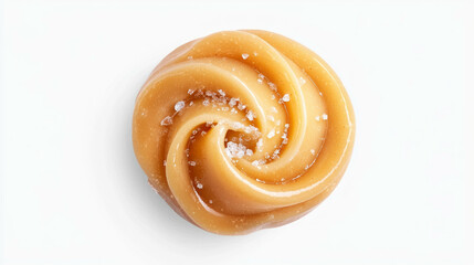 Gourmet caramel praline with sea salt crystals on white background for delicious dessert designs