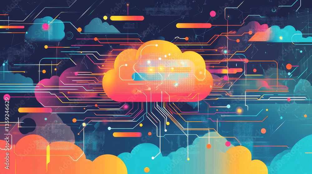 Poster big data and cybersecurity 3d illustration. neural network and cloud technologies. global database a