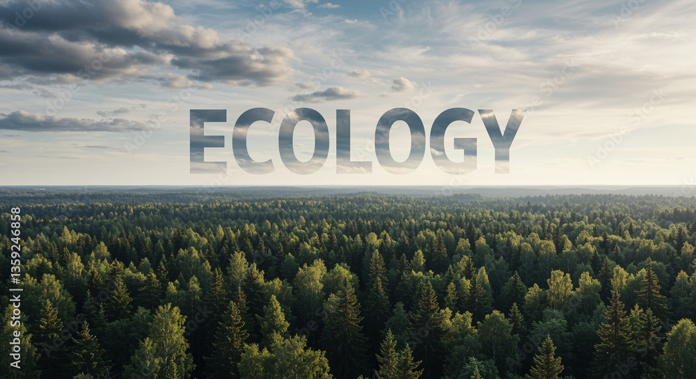 Poster forest aerial view with green trees under cloudy sky with ecology text overlay. evergreen forest lan