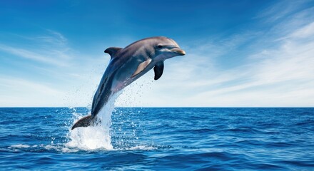 Obraz premium Dolphin leaping out of ocean against blue sky
