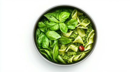 Obraz premium Delicious chlorella pasta with fresh basil pesto and tomato garnish