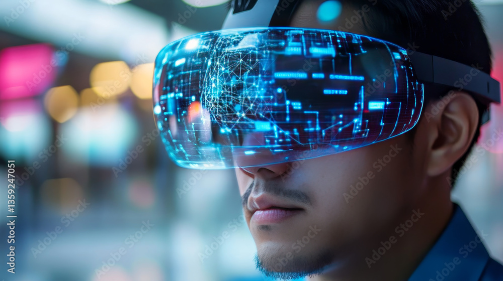 Poster artificial intelligence and blockchain concept. global information flows. hologram of the neural net