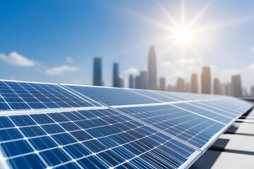 Fototapeta premium Energy with Solar cell in urban city. Green power concept