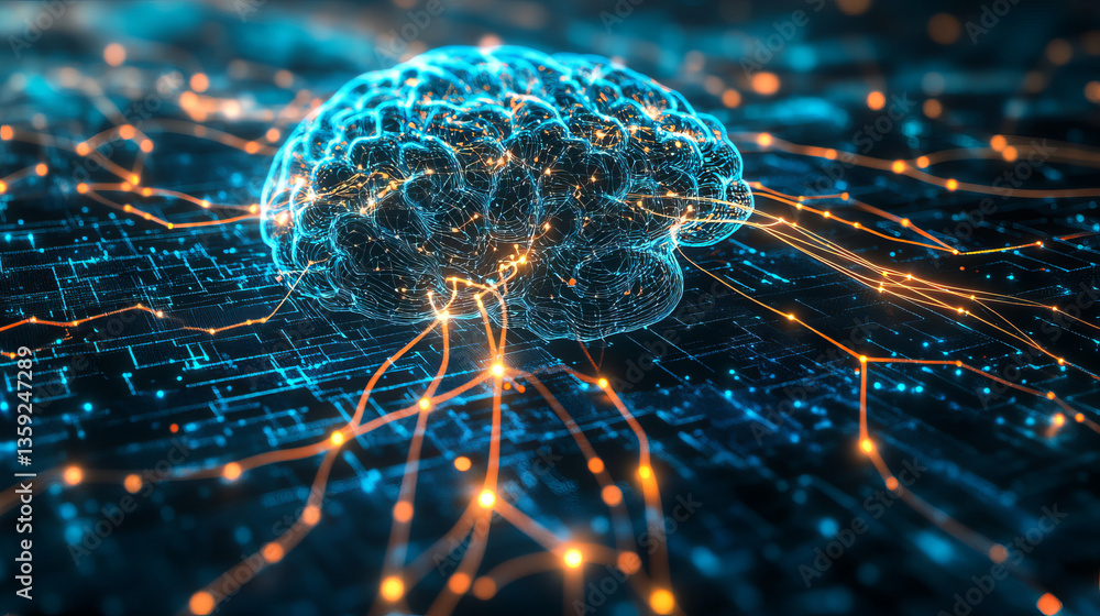 Poster neural network, artificial intelligence and digital cyber abstraction. 3d illustration of electrical