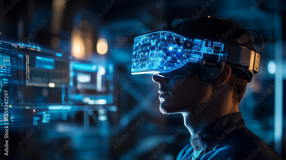 Poster artificial intelligence and blockchain concept. global information flows. hologram of the neural net