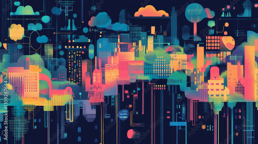 Poster big data and cybersecurity 3d illustration. neural network and cloud technologies. global database a