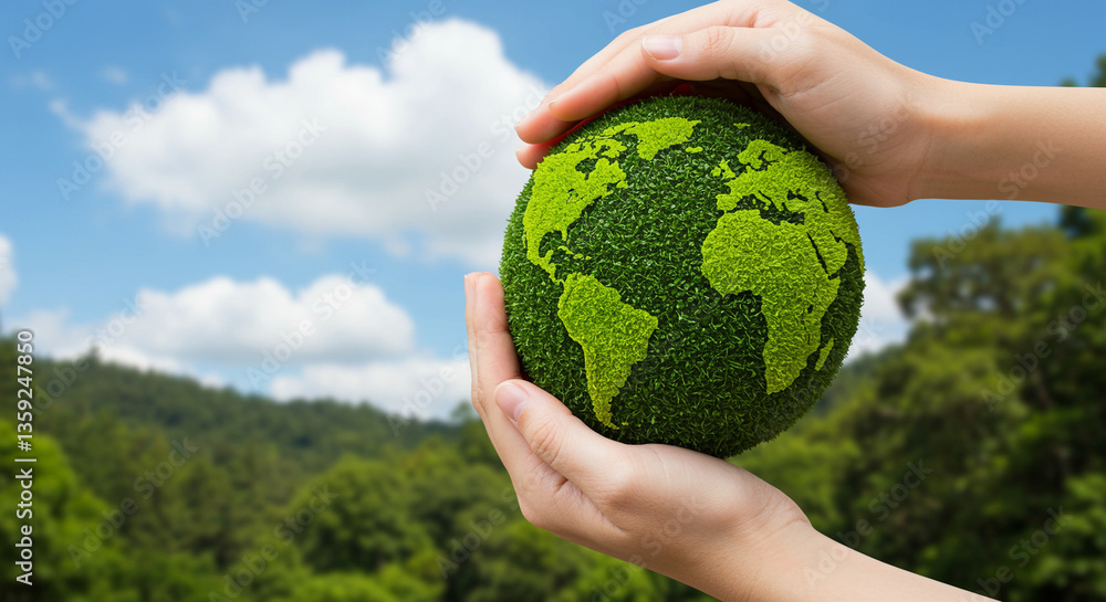 Poster globe in hands showing green planet with grass and world map against blurred background of trees and