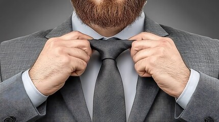 Bearded man adjusting his necktie.