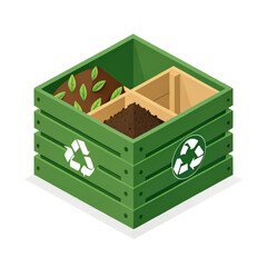 green compost bin with recycling symbol, featuring sections for soil and leaves, represents eco friendly waste management. design is minimalistic and flat, emphasizing sustainability