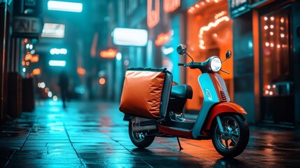 Retro Food Delivery Scooter with Thermal Bag in Neon City