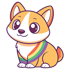 Cute Cartoon Corgi Dog Isolated on White Wearing Colorful Rainbow Pride Scarf Sitting