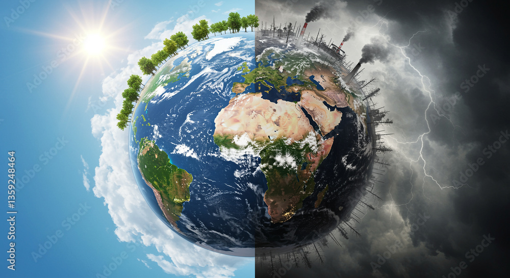 Poster earth divided into clean environment and polluted environment showing the impact of pollution on the