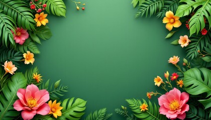 Fototapeta premium Tropical floral frame with lush green leaves and colorful hibiscus flowers on a vibrant background. Perfect for invitations, greeting cards, or decorative purposes, illustration.