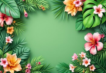 Fototapeta premium Tropical floral frame with lush green leaves and colorful hibiscus flowers on a vibrant background. Perfect for invitations, greeting cards, or decorative purposes, illustration.
