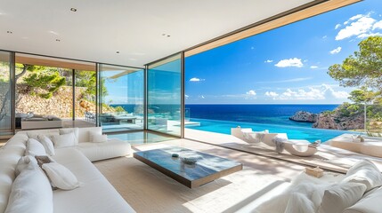 Fototapeta premium Luxurious modern villa with large glass walls framing vivid turquoise sea views, clean lines softened by natural textures, soft golden light reflecting on its minimalist surfaces. 
