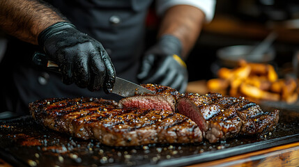 Sizzling Culinary Precision: A skilled chef expertly cuts into a perfectly grilled steak, showcasing the succulent tenderness within.