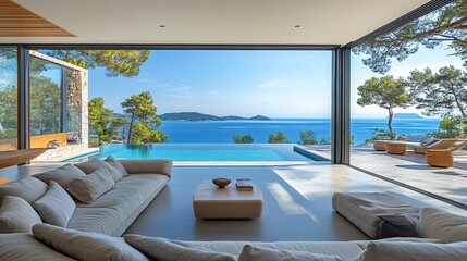 Fototapeta premium Luxurious modern villa with large glass walls framing vivid turquoise sea views, clean lines softened by natural textures, soft golden light reflecting on its minimalist surfaces. 