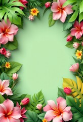 Obraz premium Vibrant tropical flower border featuring pink hibiscus and lush green leaves surrounding a blank space. Ideal for seasonal, decorative, and nature-themed designs.