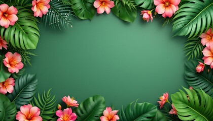 Fototapeta premium Tropical floral frame with lush green leaves and colorful hibiscus flowers on a vibrant background. Perfect for invitations, greeting cards, or decorative purposes, illustration.