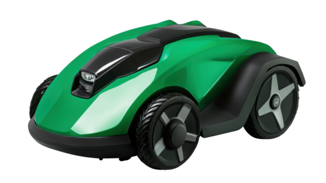 Green Robotic Lawnmower: An innovative and eco-friendly green robotic lawnmower sits, showcasing modern technology and automation for effortless lawn care.