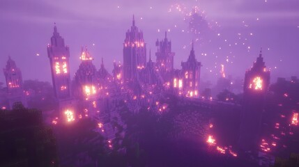 Obraz premium A magnificent illuminated castle landscape shrouded in a purple haze