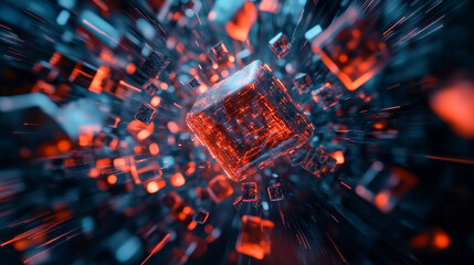 Atomic structure. Futuristic concept. Nanotechnology of future. 3d illustration of nano core in abstract cyberspace
