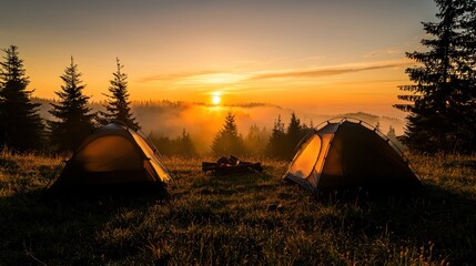 Two camping tents are illuminated by the beautiful morning sunrise