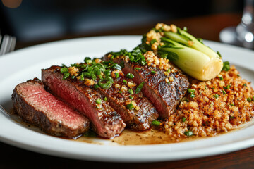 Juicy Grilled Steak with Rice and Greens, Garnished with Fresh Herbs. AI generative.