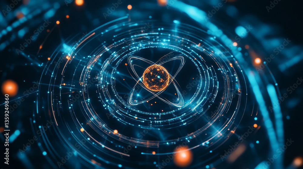 Poster atomic structure. futuristic concept on the topic of nanotechnology in science. the nucleus of an at
