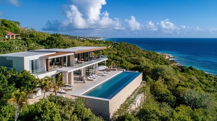 Fototapeta premium Luxurious seaside property with sleek lines, a large infinity pool, and breathtaking views of the ocean, perfect for high-end investment 