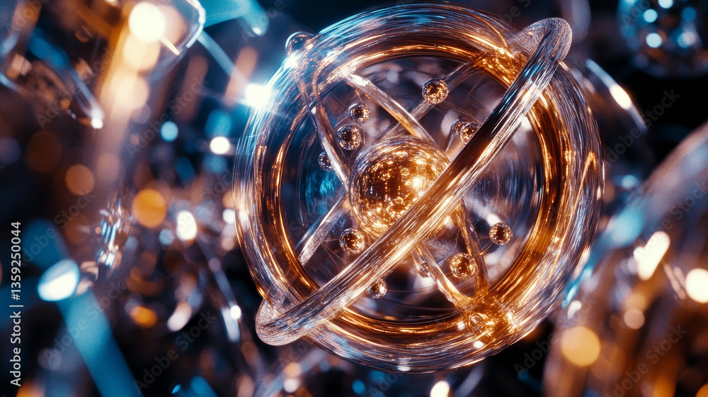 Poster atomic structure. futuristic concept on the topic of nanotechnology in science. the nucleus of an at