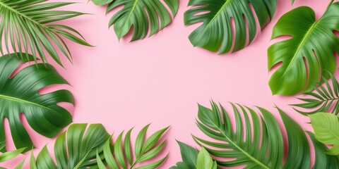 Tropical green leaves arranged on a vibrant pink background, creating a fresh and modern design. Perfect for nature-themed concepts, showcasing lush and diverse foliage in sharp detail.