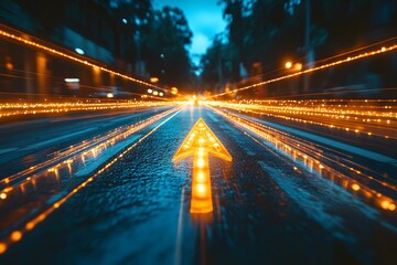Futuristic Urban Road with Illuminated Arrow at Dusk for Modern Poster Design