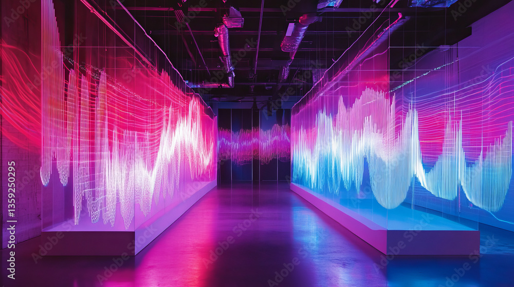 Poster data particles in the information flow of neon strings. 3d illustration of digital sound vibrations