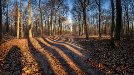Naklejka premium A leaf-strewn path winds through bare trees against a clear sky with long shadows stretching across the ground in the w
