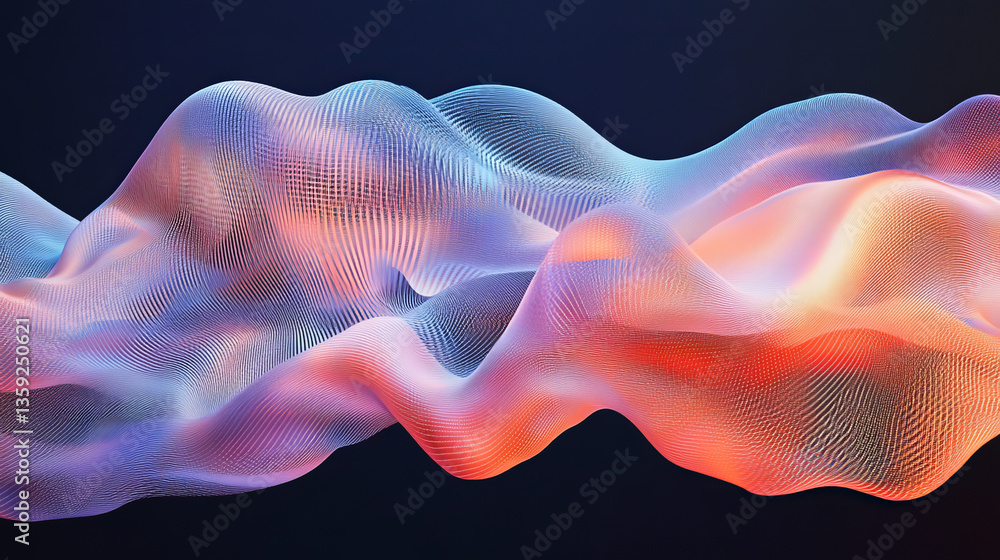 Poster artificial neural network. cyber field of wavy particles. 3d illustration of high tech background