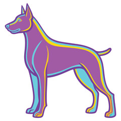 Standing Doberman Pinscher, Purple, Cyan, & Yellow Color Outline on White Background