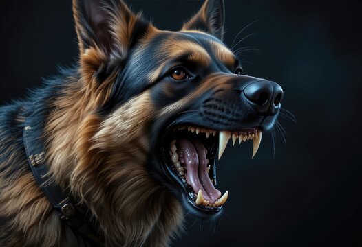 Aggressive German Shepherd Growling Showing Teeth with Black Leather Collar